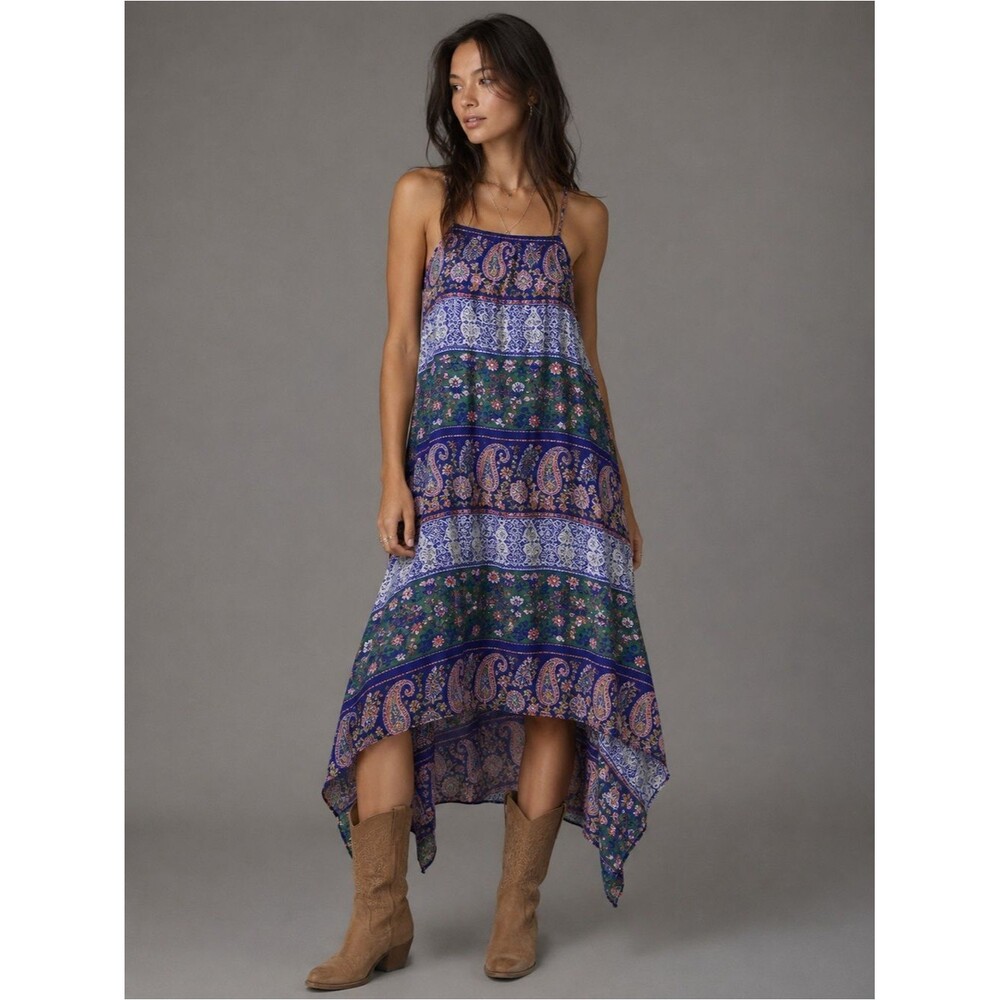 Sugar + Lips Boho Paisley Halter Dress Womens Small Blue Handkerchief Hem Flowy